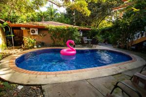 een zwembad met een roze flamingo erin bij Anona Guesthouse in Playa Hermosa