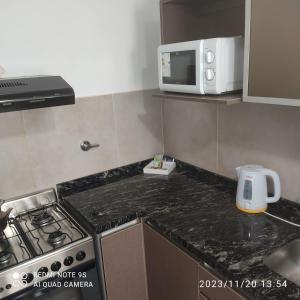 Il comprend une cuisine équipée d'une cuisinière et d'un four micro-ondes. dans l'établissement Gaudium, à Paraná
