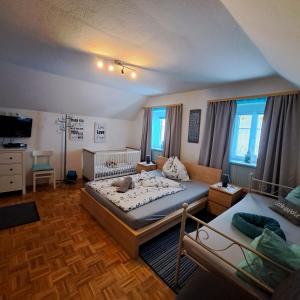 1 dormitorio con 1 cama grande y 1 sofá en Apartment Schloffer, en Weiz