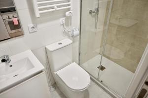 ein Bad mit einem WC, einem Waschbecken und einer Dusche in der Unterkunft For You Rentals Coqueto y amplio Studio en el Barrio Quintana ALE141º in Madrid