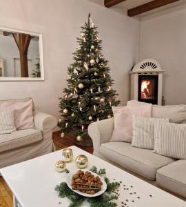 a living room with a christmas tree in the background at Ferienhaus Rosenhof in Weidenbach