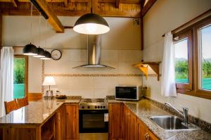 cocina con fregadero y fogones horno superior en Apartamentos Catedral Inn en San Carlos de Bariloche