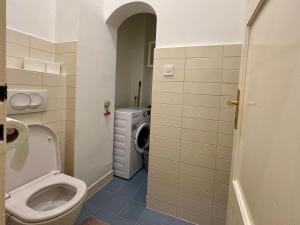 y baño con aseo y lavadora. en Cozy studio flat in the heart of Budapest en Budapest