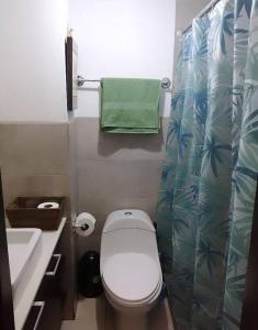 a bathroom with a white toilet and a green towel at Apartamento zona 4 Guatemala y Parqueo in Guatemala