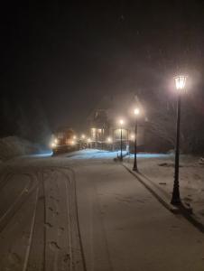 a snow covered street at night with street lights at Vila Rajski kutak Kopaonik in Kopaonik