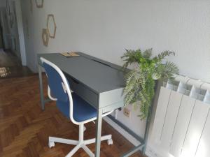 a desk with a blue chair and a potted plant at Apartamento confort urzaiz vigo. in Vigo