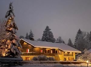 eine Blockhütte im Schnee mit einem Weihnachtsbaum in der Unterkunft Landhaus Gastager in Ruhpolding