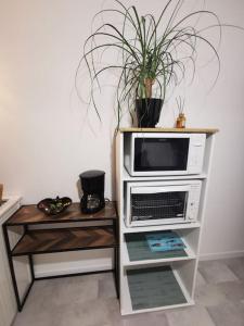 un four micro-ondes sur une étagère avec une plante en pot dans l'établissement Ôcalme, Idéal à 2, jardin, plage, à Bréhal