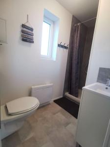 une salle de bain avec toilettes, lavabo et fenêtre dans l'établissement Ôcalme, Idéal à 2, jardin, plage, à Bréhal 9 autres photos