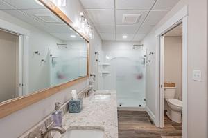 een badkamer met een wastafel, een douche en een spiegel bij Comfy Corral in Pocatello