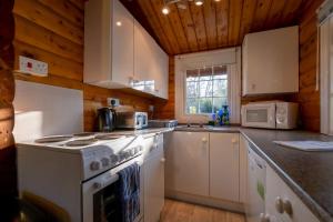 a kitchen with white appliances and a wooden ceiling at Cosy Log Cabin Snowdonia Eryri in Trawsfynydd