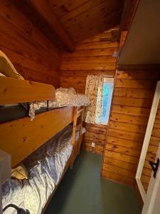 Trawsfynydd的住宿－Cosy Log Cabin Snowdonia Eryri，小木屋内带两张双层床的客房
