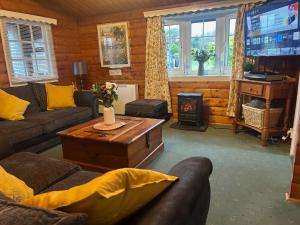 a living room with a couch and a table and a fireplace at Cosy Log Cabin Snowdonia Eryri in Trawsfynydd