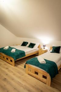 two beds in a room with green sheets at Apartamenty ,,Górska Strefa'' Czorsztyn in Czorsztyn
