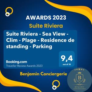 un volantino per una conferenza con linee gialle di Suite Riviera - Sea View - Clim - 50M Plage - Residence de standing - Spacieux 180 M2 - Parking a Cannes