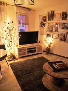 uma sala de estar com uma televisão de ecrã plano num suporte em Le Cocoon - SIPCO Immobilier - Netflix em Saint Lo