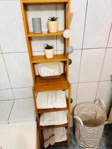 - une étagère en bois avec des serviettes et des plantes dans la salle de bains dans l'établissement Euro Apartment, à Bucarest