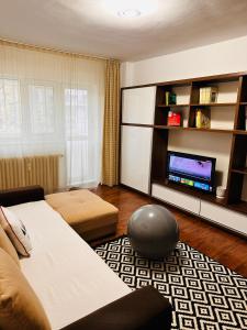 a living room with a couch and a tv at Euro Apartment in Bucharest