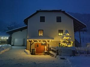 a house with a christmas tree in the snow at Ferienhaus Großalber in Maria Neustift