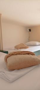 duas camas com cobertores castanhos em cima em Santa Catarina Hostel em Florianópolis