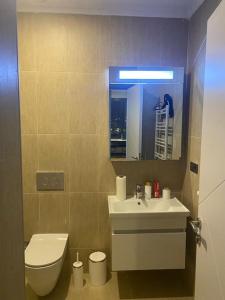 ein Badezimmer mit einem Waschbecken, einem WC und einem Spiegel in der Unterkunft Furnished APT (29th floor) with panoramic views in Esenyurt