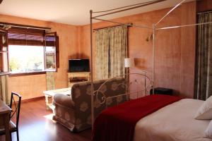 a bedroom with a bed and a couch and a television at Hotel Rural Carlos I in Garganta la Olla