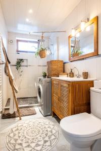 La salle de bains est pourvue d'un lavabo et d'un lave-linge. dans l'établissement Bohemian Cocon Annecy - spacieux T2 - balcon avec vue dégagée - place de parking, à Meythet