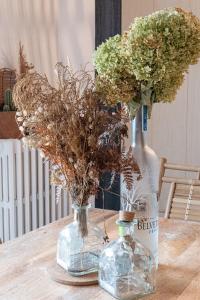 deux vases en verre assis sur une table avec des fleurs dans l'établissement Bohemian Cocon Annecy - spacieux T2 - balcon avec vue dégagée - place de parking, à Meythet