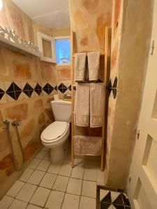een badkamer met een toilet en handdoeken bij Dar Azur Hammamet Guest House in Hammamet