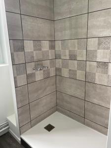 La salle de bains est pourvue d'une douche et d'un mur en carrelage. dans l'établissement Pause En Seine- Appartement en duplex, à Caudebec-en-Caux