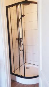 een douche met een glazen deur in de badkamer bij Kleine studio op boerenerf vlakbij Amsterdam. in Uitgeest