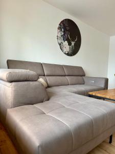 eine Couch in einem Wohnzimmer mit einer Uhr an der Wand in der Unterkunft Ferienwohnung Bad Sachsa Harz II in Bad Sachsa