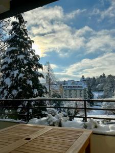einen schneebedeckten Weihnachtsbaum auf dem Balkon eines Hauses in der Unterkunft Ferienwohnung Bad Sachsa Harz II in Bad Sachsa