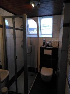 a small bathroom with a shower and a toilet at Au soin de la Vie 