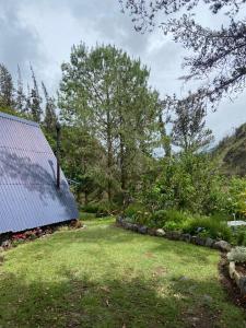 einen Garten neben einem Gebäude mit einem Hof in der Unterkunft The lookout Hideaway cabin in Baños