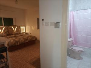 Habitación con baño con cama y aseo. en شقق مدن الديكابوليس, en Irbid