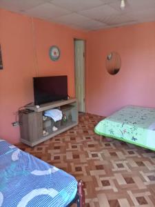 Habitación con cama y TV de pantalla plana. en Hostal Ebenezer, en Palmilla