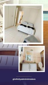 - deux photos d'une chambre avec deux lits et un miroir dans l'établissement Cobertura 302 vista mar Canasvieiras, à Florianópolis