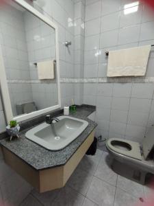 La salle de bains est pourvue d'un lavabo, de toilettes et d'un miroir. dans l'établissement Cobertura 302 vista mar Canasvieiras, à Florianópolis