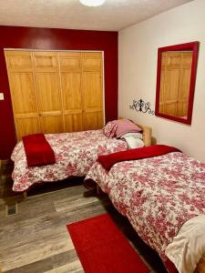 two beds in a bedroom with red walls at Getaway to a very private beautiful Cabin. in Kyles Ford