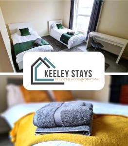 duas fotografias de um quarto com duas camas e toalhas em Ruby Retreat - Entire House - WiFi - 4 Bed - Garden - Maidstone Town em Maidstone