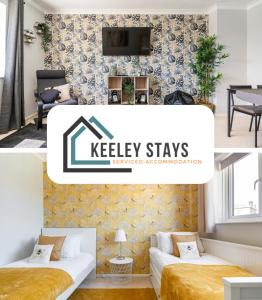 two pictures of a bedroom with two beds and akeepley stays logo at Onyx Bay - Whole Apartment - WiFi - Beach - 2 Bed - Broadstairs Town in Broadstairs