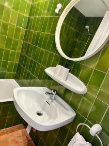 uma casa de banho com azulejos verdes, um lavatório e um espelho. em RACO DE SES OLIVERES em Cadaqués