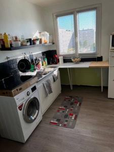 uma cozinha com uma máquina de lavar roupa e um lavatório em Appartement avec un séjour balcon très lumineux em Orléans