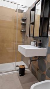 een badkamer met een witte wastafel en een douche bij Miambra 