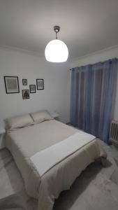 1 dormitorio con 1 cama grande y cortina azul en Vista Triunfo, en Granada