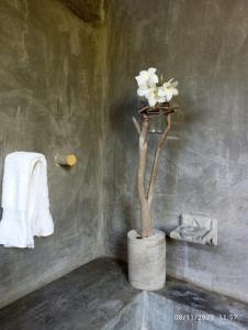 une fleur blanche dans un vase dans une salle de bains dans l'établissement Peaceful beachside artist-designed, à Puerto Escondido