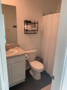 een badkamer met een toilet, een wastafel en een spiegel bij 4Bed 2Bath Entire Home 