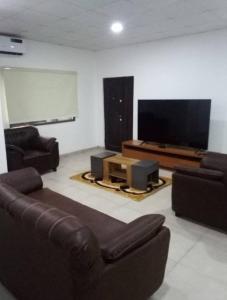 un soggiorno con divano e TV a schermo piatto di Ibadan Serviced Apartments a Ibadan