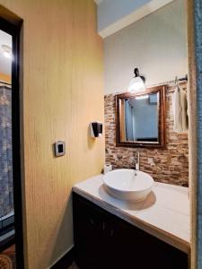 a bathroom with a sink and a mirror at La Mansión del Gran Jaguar in Retalhuleu